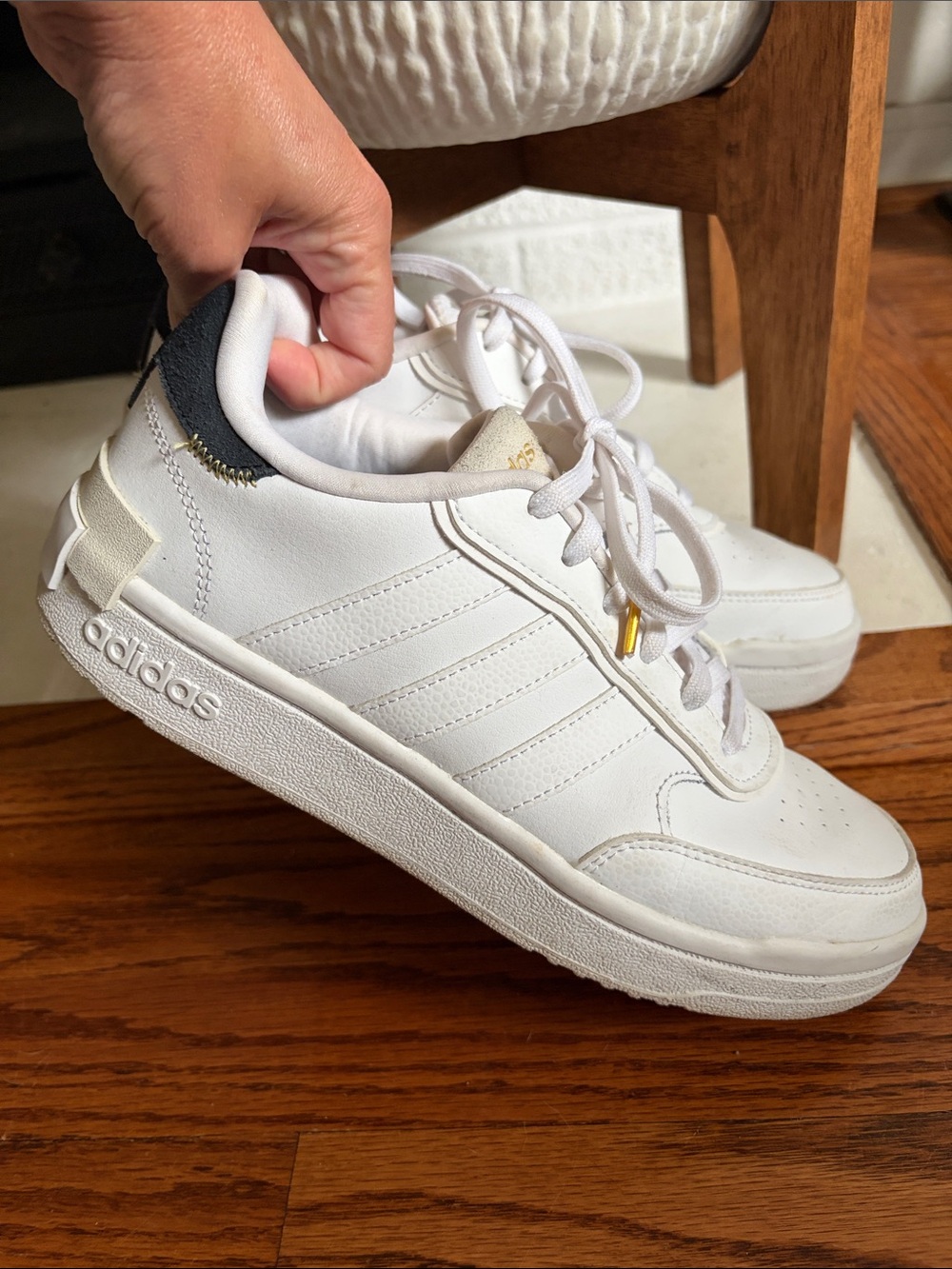 adidas All-White Leather Low-Top Sneakers with Gold Lace Aglet